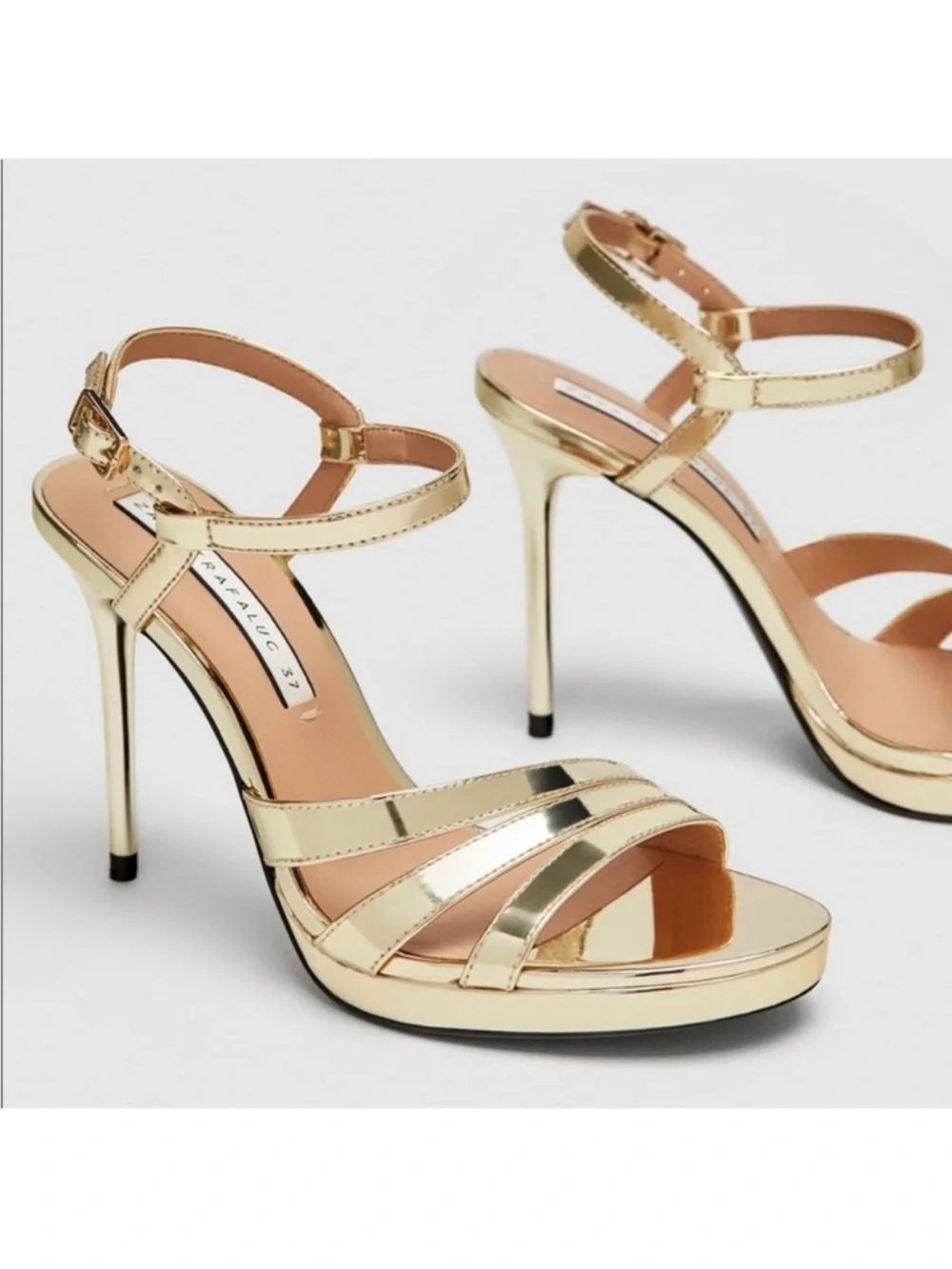 Zara Trafaluc Shiny Metallic Gold Strappy High Heel Sandals